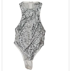 Fashion Nova Silver Sequin Bodysuit